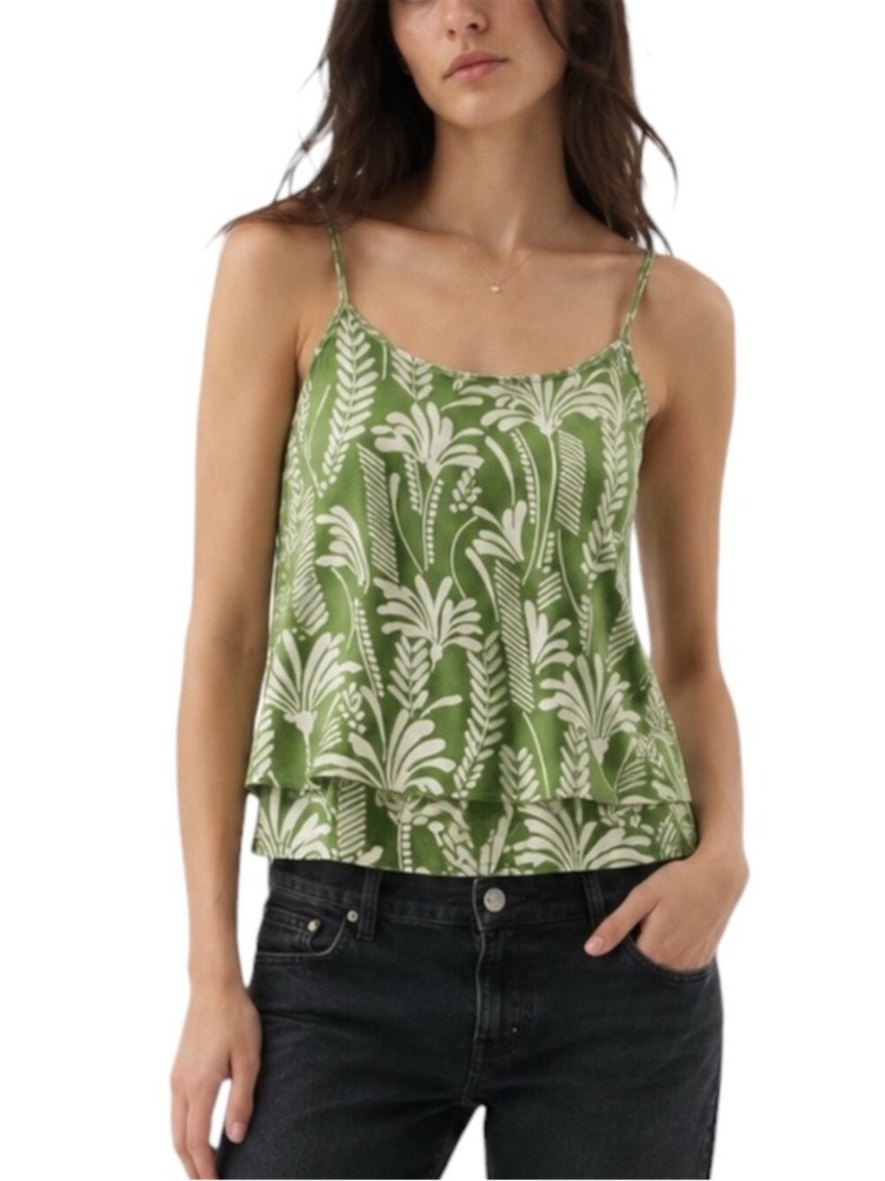 NWT CAbi Balcony Cami Olive & Tan Botanical Print Layered Tank Top Camisole, M